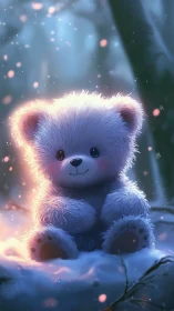 Fluffy teddy bear glows softly in a magical winter forest