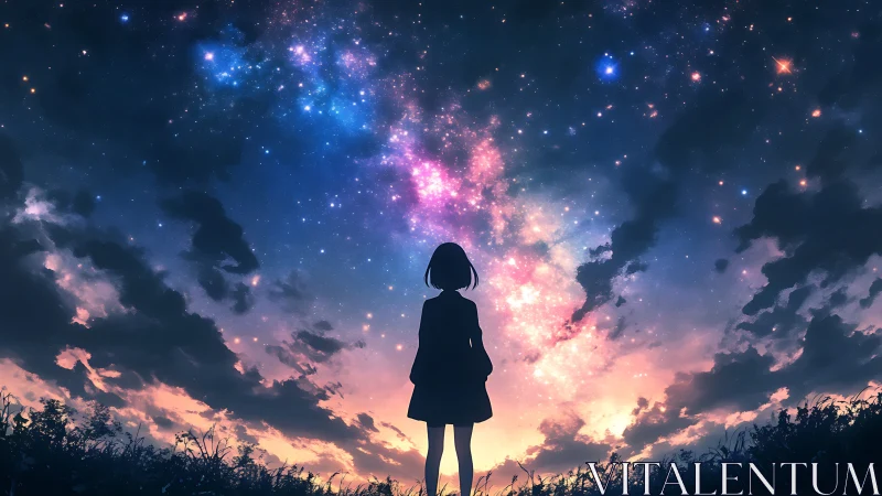 Stargazing silhouette girl under a candy nebula skyscape.
