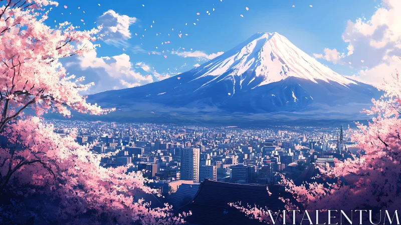 Digital painting of Mt. Fuji with urban panorama and sakura framing.