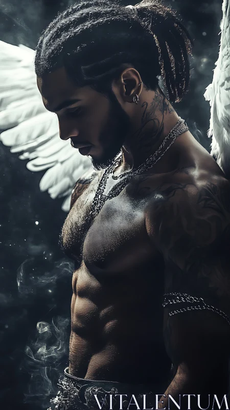 Moody winged guardian poised between strength and softness.