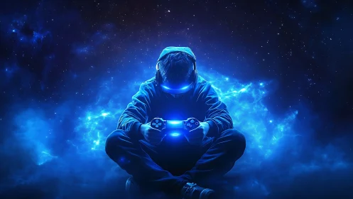 Cosmic gamer drifts through neon starlight and soft pixels.