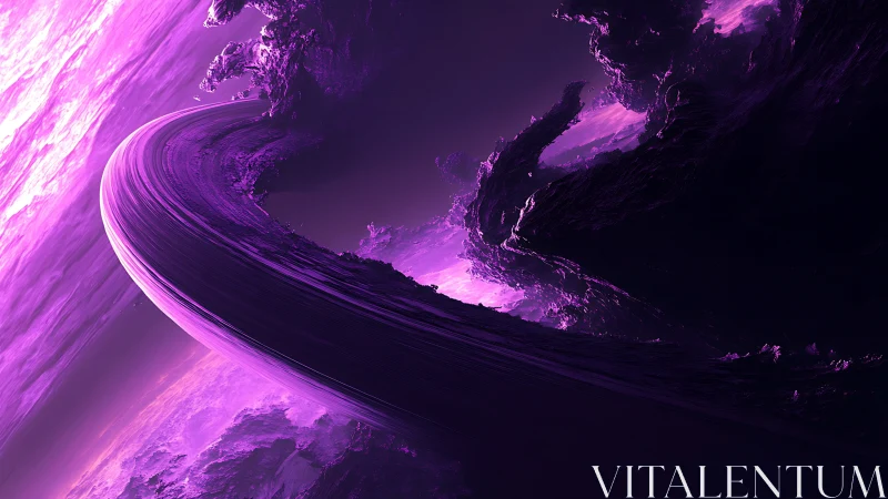 Cosmic violet waves curling around a glowing space ring.