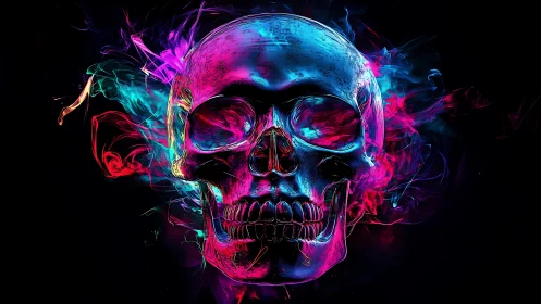 Neon skull glowing with vibrant pink and electric blue light.