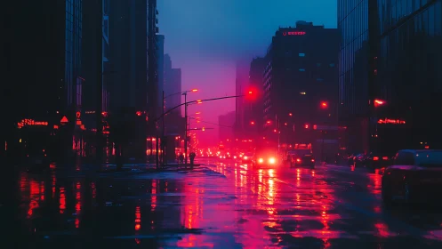 Neon rainlit city street glowing through deep blue dusk.