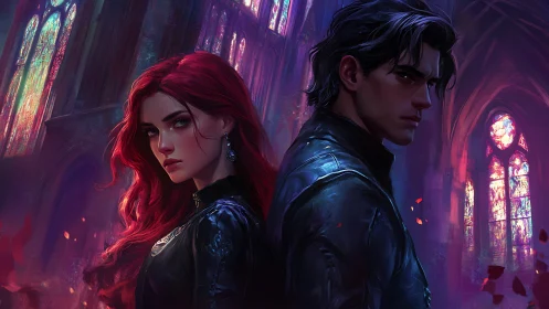 Opposed duo stand in stained-glass nave with dramatic rim lighting