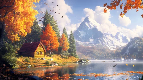 Log cabin by alpine lake with autumn forest and mountains.