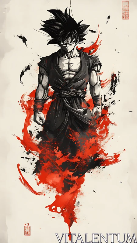 Ink-born warrior ignites in crimson storm of painted fury.