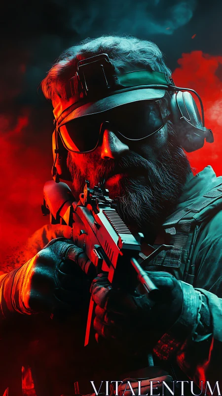 Tactical operator portrait in dual red cyan dramatic lighting.