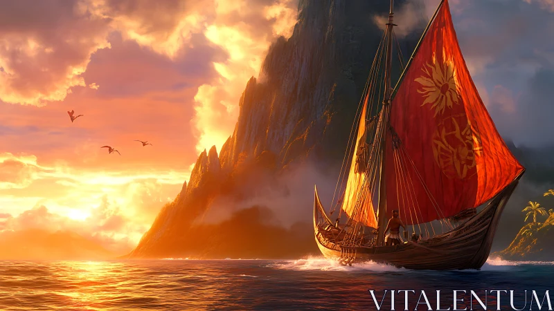 Sailing vessel near rocky island at low sun over horizon.