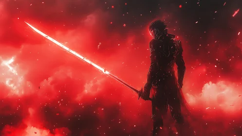 Crimson dusk warrior with blazing sword of stormfire.