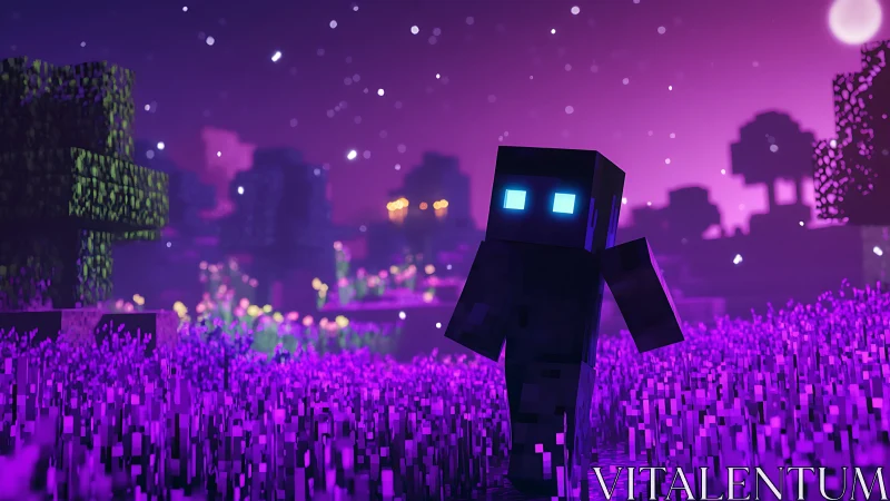 Voxel humanoid figure in neon purple landscape at night.
