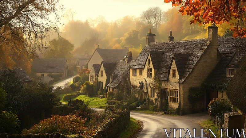 Golden mist tiptoes through a storybook autumn village lane