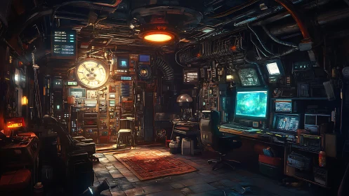 Chronomancer&rsquo;s neon lab hums with clocks, cables and code.