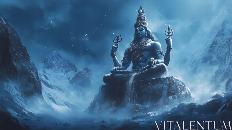 Ice-clad blue deity meditates on high mountain throne