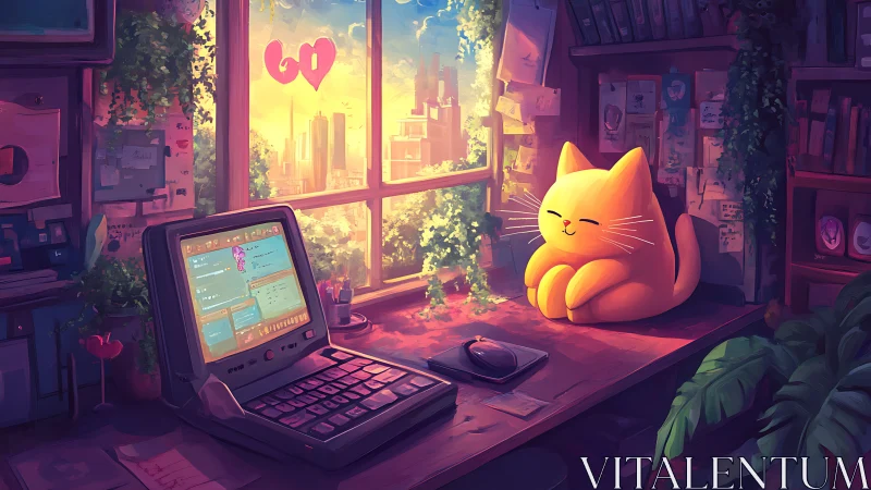 Warm sunset-lit studio with retro computer and stylized cat mascot