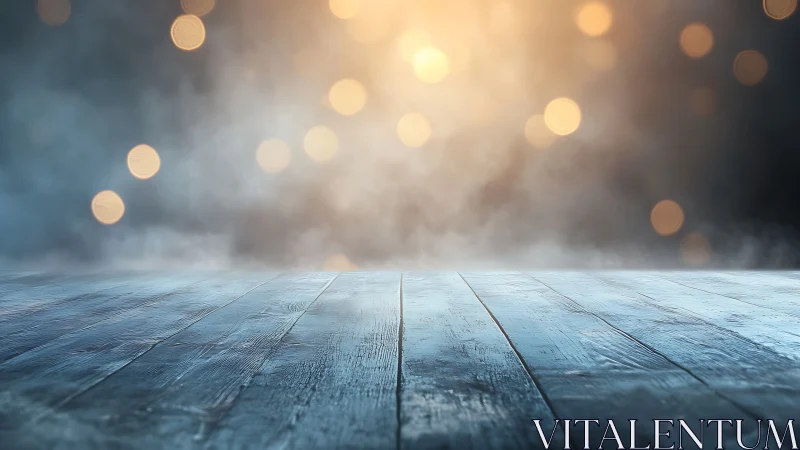 Weathered stage boards wait beneath drifting bokeh dawn