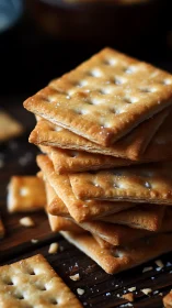 Stacked crackers with salt granules on dark surface.