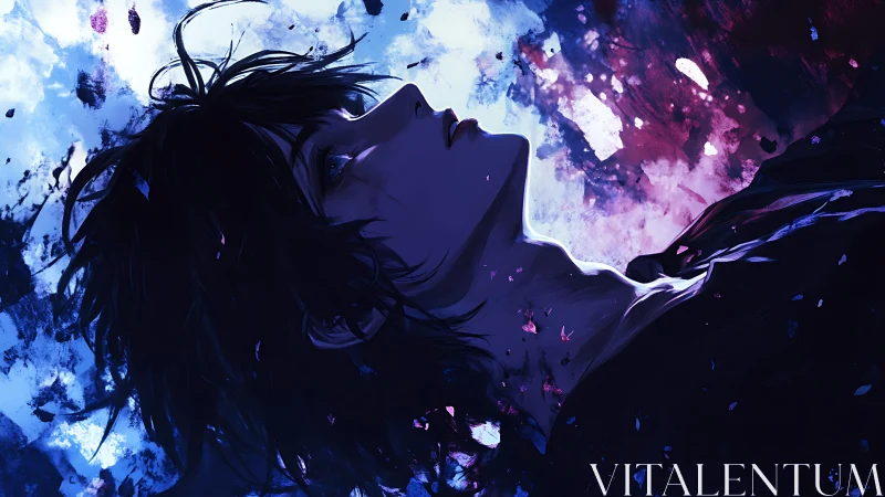 Stargazing youth in shattered neon twilight aura.