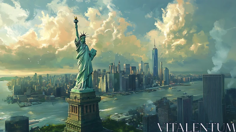 Sunlit Statue of Liberty watching over calm New York Harbor.