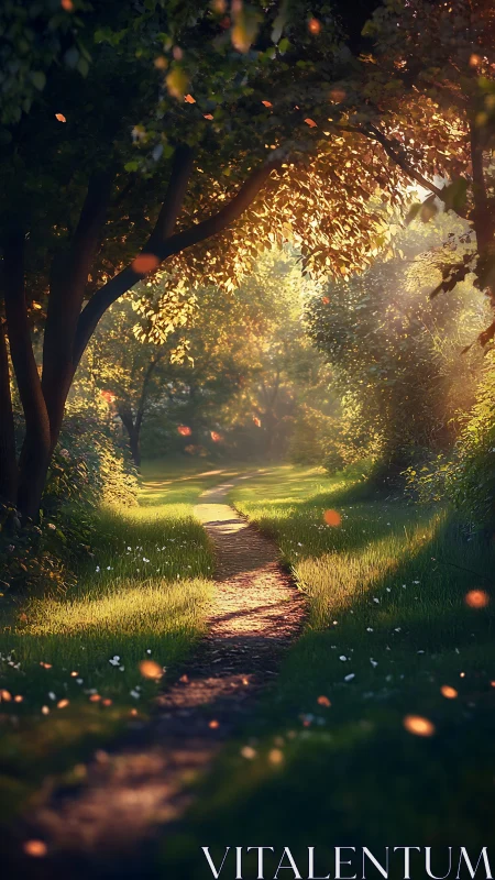 Luminous Forest Path With Glowing Particles and Dappled Light