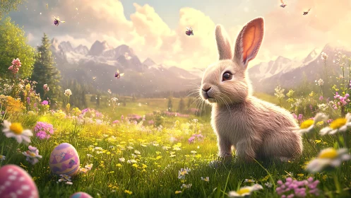 Daydreaming meadow bunny guards candy-bright Easter eggs.