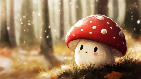 Anthropomorphic amanita mushroom in soft-lit forest microhabitat.