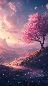 Blossoming hillside tree under a dreamy pink sunset sky.