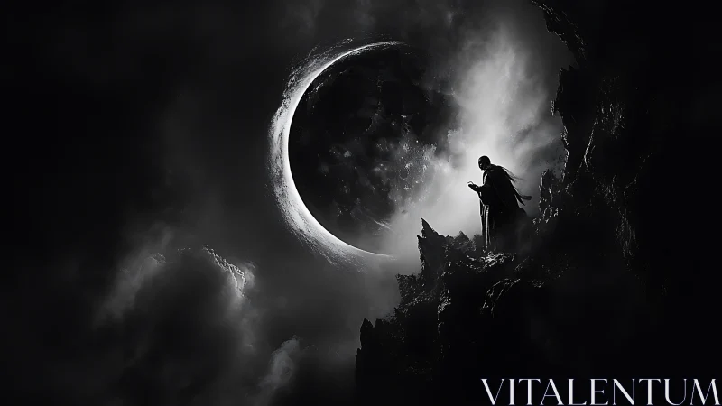 Dark robed figure confronts a colossal eclipsed skull moon.