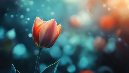 Red tulip with water droplets against soft blue bokeh background