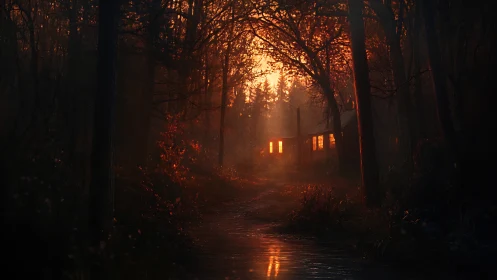 Forest path leading to illuminated cabin at dusk lighted scene.