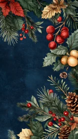Festive winter foliage border on deep blue background.