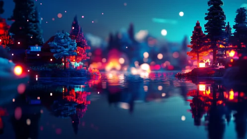 Voxel forest houses reflect warm neon light on calm lake