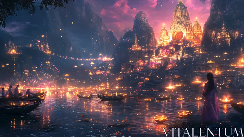 Temple complex is illuminated by floating river lanterns at dusk