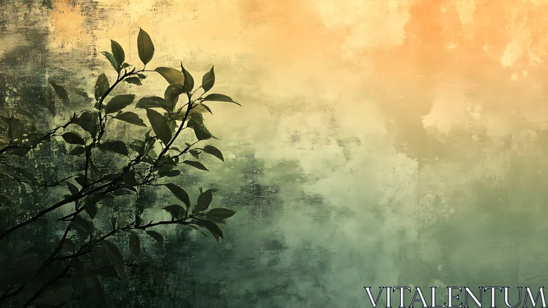 Silhouetted branch intersects textured bokeh gradient backdrop