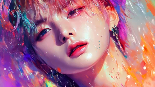 Iridescent portrait with neon splashes and glossy skin finish.