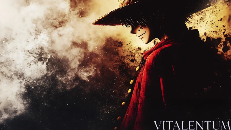 Side-lit anime swordsman rendered with smoky, high-contrast lighting