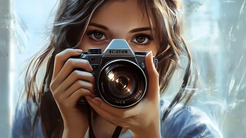 Curious young photographer meeting your gaze through lens.