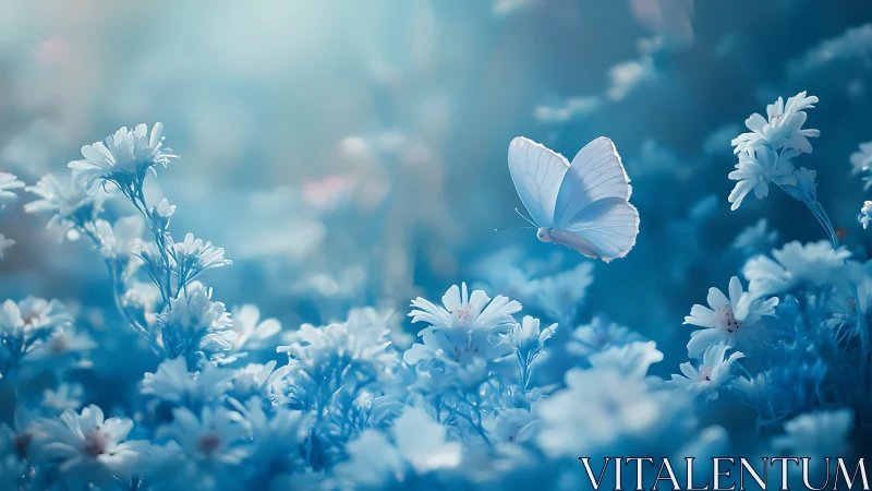 Monochromatic cyan meadow with luminant butterfly in flight.