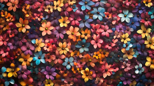 Vibrant digital collage of multicolor blooming flowers.