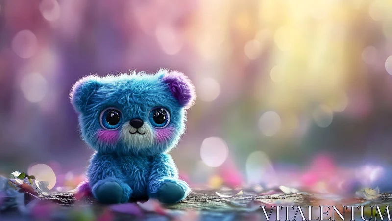 Fluffy blue plush bear on dreamy pastel bokeh forest path.