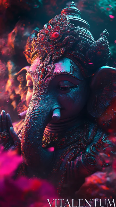 Radiant Ganesha statue glows in mystical neon ambience