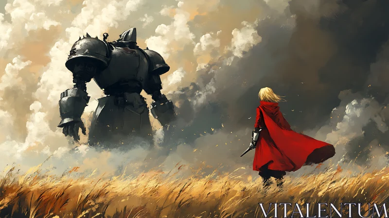 Red‑cloaked figure confronting towering armored giant.