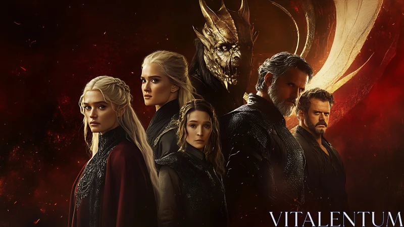 Dragon-ruled dynasty portrait under burning crimson sky.