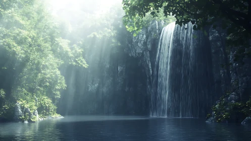 Volumetric dawn light across forest cliffside waterfall basin.