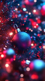 Shimmering blue ornament hangs amid neon holiday bokeh glow