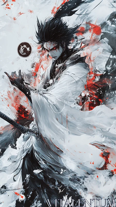 Kinetic monochrome swordsman amid red spectral turbulence.