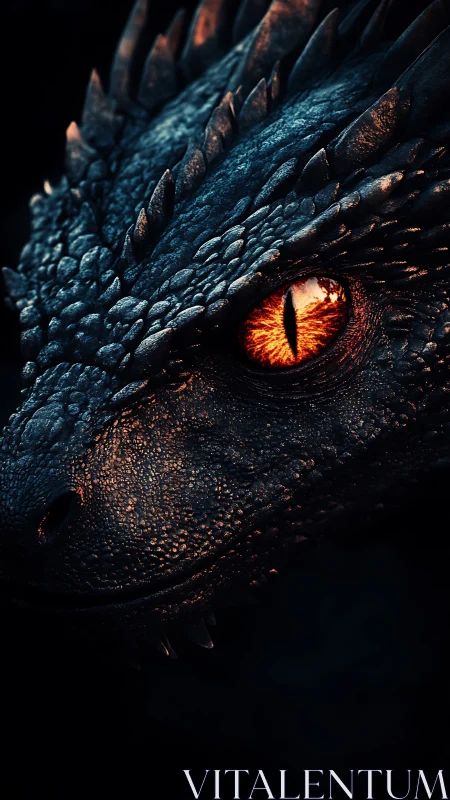 Dragon close-up with molten amber eye in cinematic lighting.