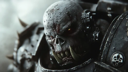 Armored orc warlord close-up with corroded tactical plating.