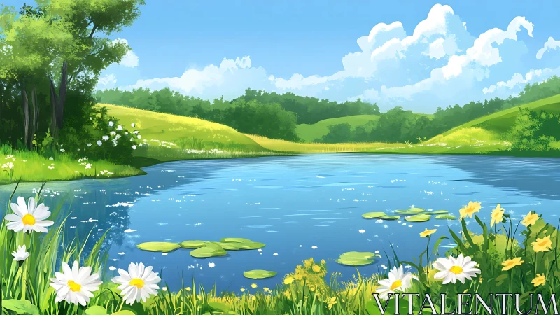 Gentle summer pond opens onto bright meadows and skies