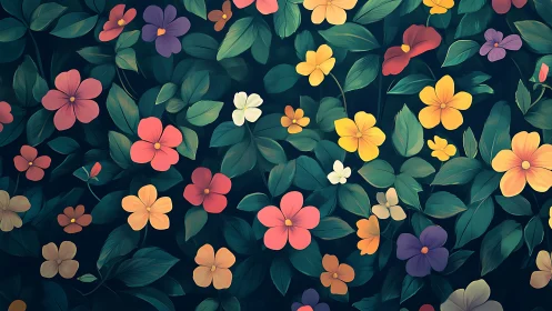 Botanical Illustration. Colorful Flowers Against Dark Foliage.